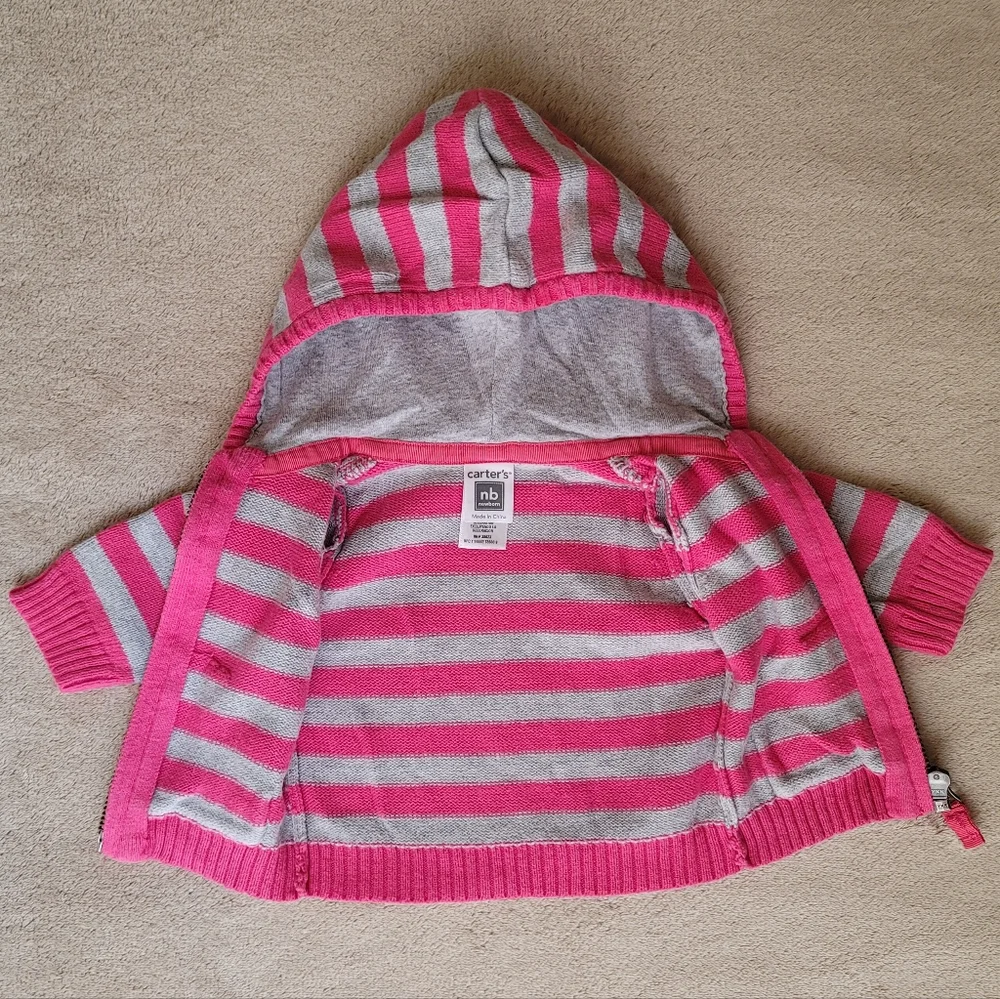 Carter's Pink & Grey Striped Hoodie Sweater  with 2 Pockets Size Newborn - Picture 3 of 5